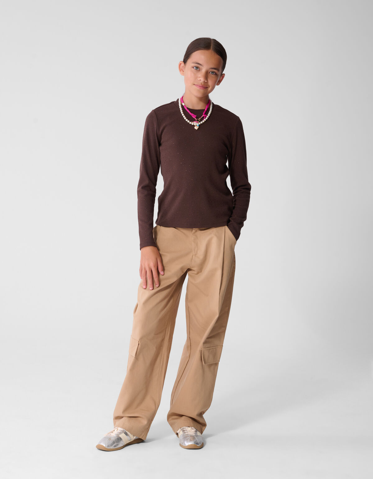 Strass-Rib-Langarm-Top in Dunkelbraun SHOEBY GIRLS