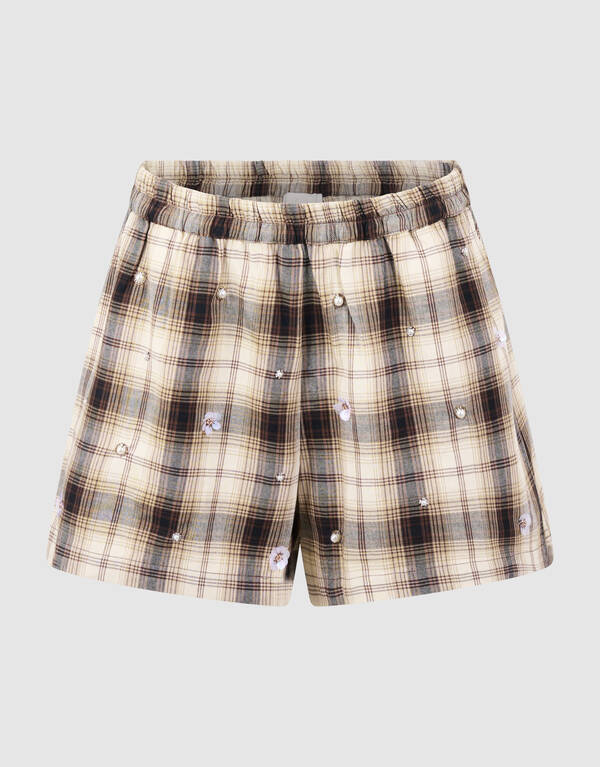 Karierte Shorts mit Perlenverzierung Braun SHOEBY WOMEN