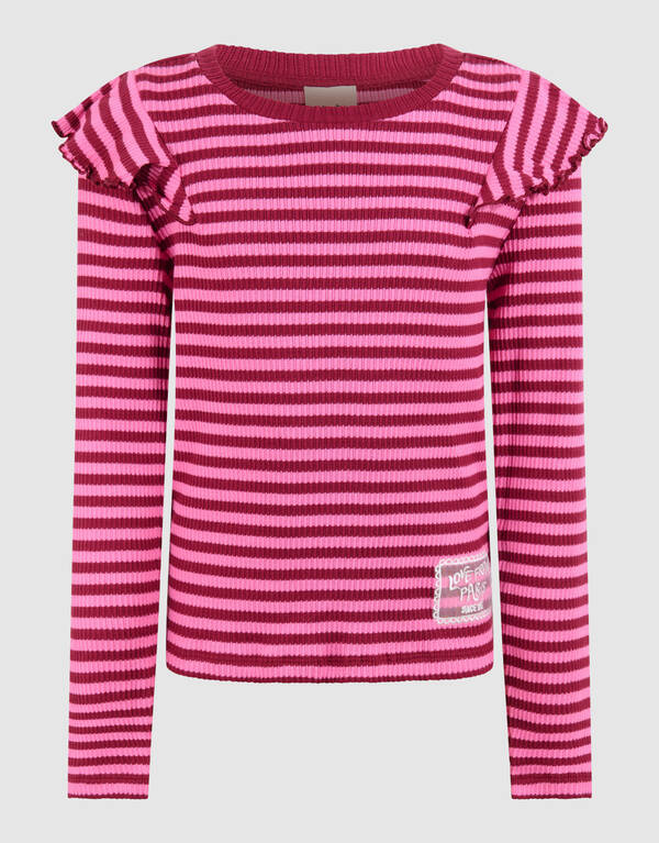 Gestreiftes R&uuml;schen-Langarmshirt Dunkelrot SHOEBY GIRLS
