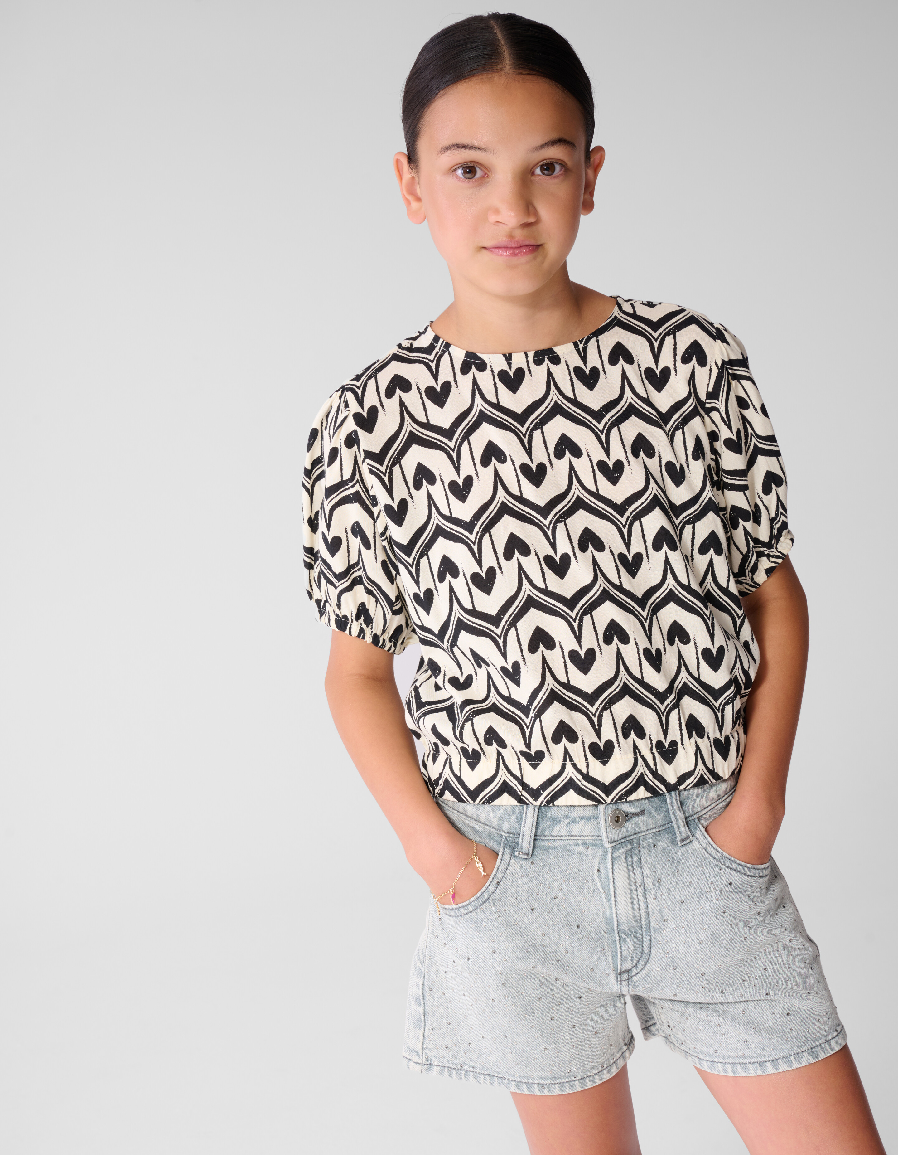 Heart Print Top Gebrochen Wei&szlig;/Schwarz SHOEBY GIRLS