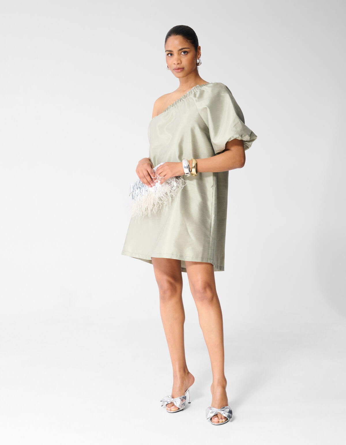 Gl&auml;nzendes One-Shoulder-Mini-Kleid Hellgr&uuml;n SHOEBY WOMEN