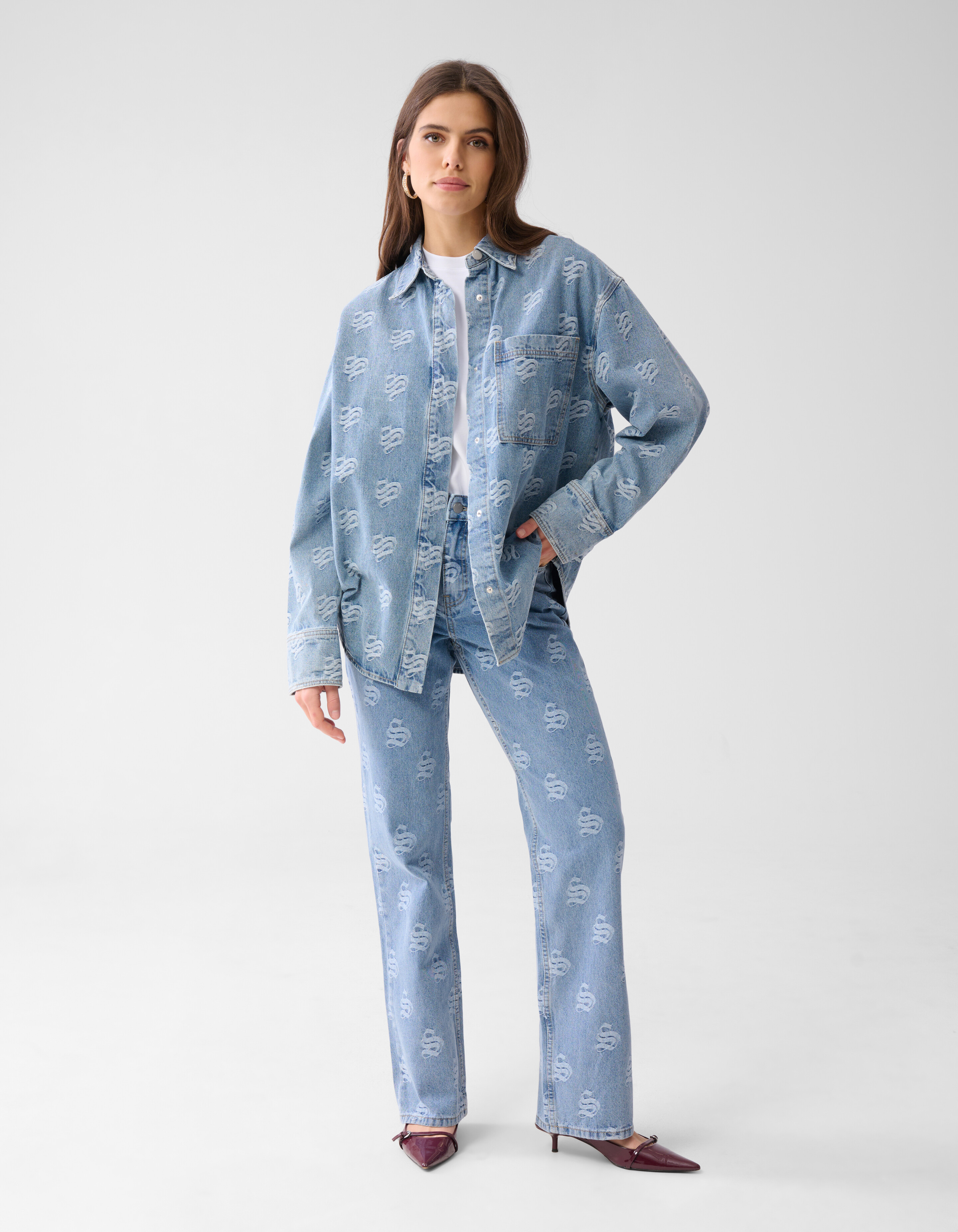 Jacquard-Logo-Denim-Bluse Mediumstone SHOEBY WOMEN