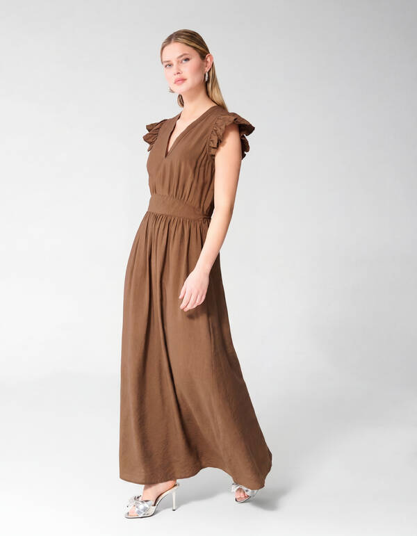 R&uuml;schen V-Ausschnitt Maxi Kleid Dunkelbraun SHOEBY WOMEN