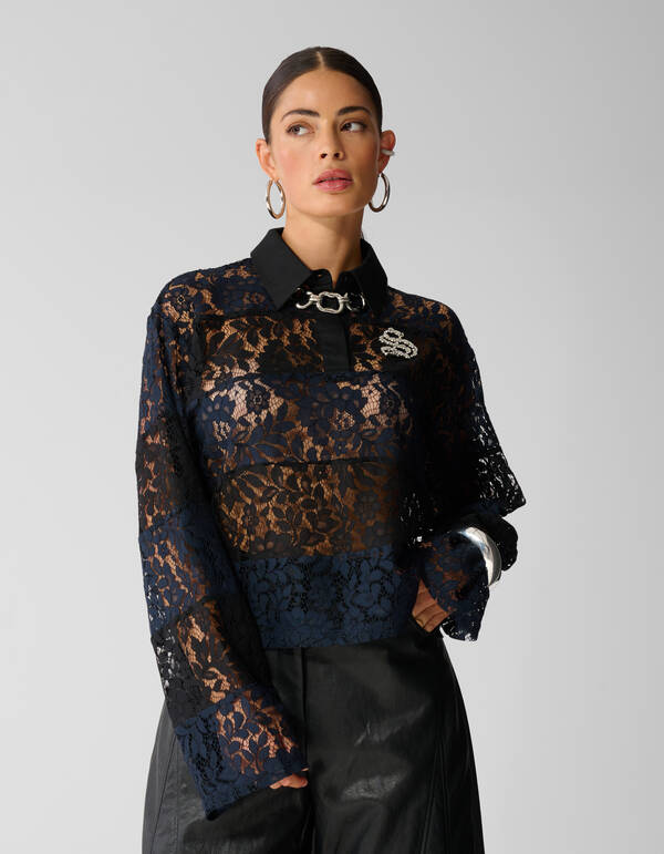 Gestreiftes Lace Polo schwarz/dunkelblau SHOEBY WOMEN