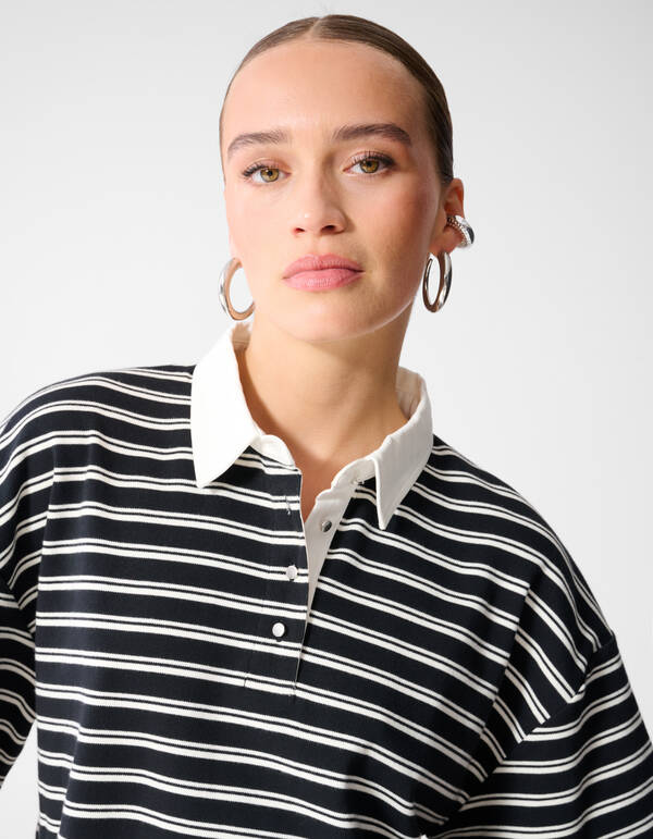 &Uuml;bergro&szlig;es Streifen-Kurzarm-Poloshirt Schwarz SHOEBY WOMEN