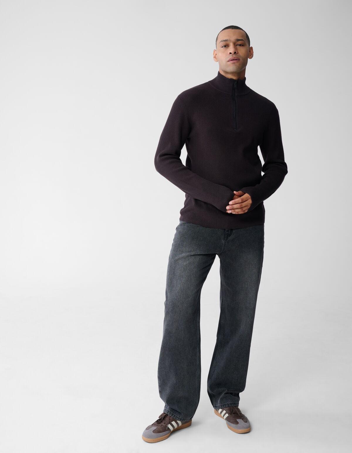 Pullover mit halbem Rei&szlig;verschluss, Strick, Dunkel SHOEBY MEN