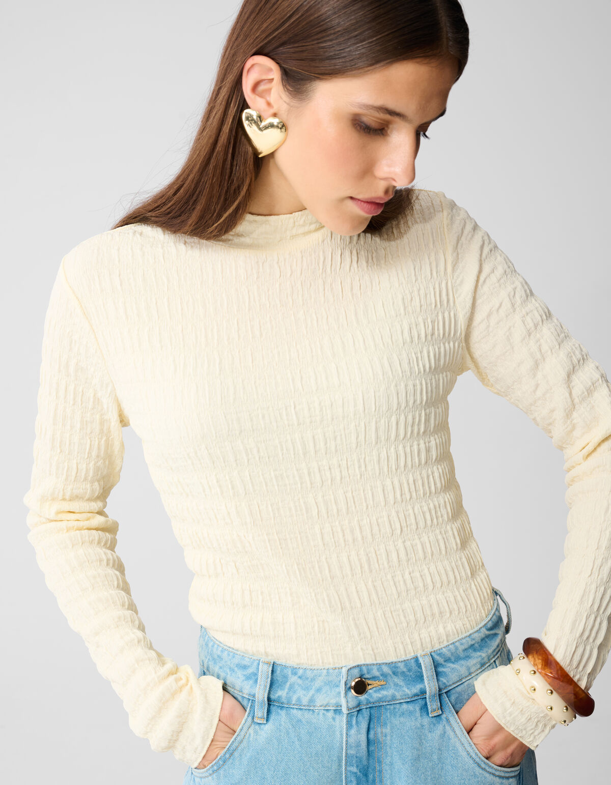 Struktur Langarmshirt Top Gebrochen Wei&szlig; SHOEBY WOMEN