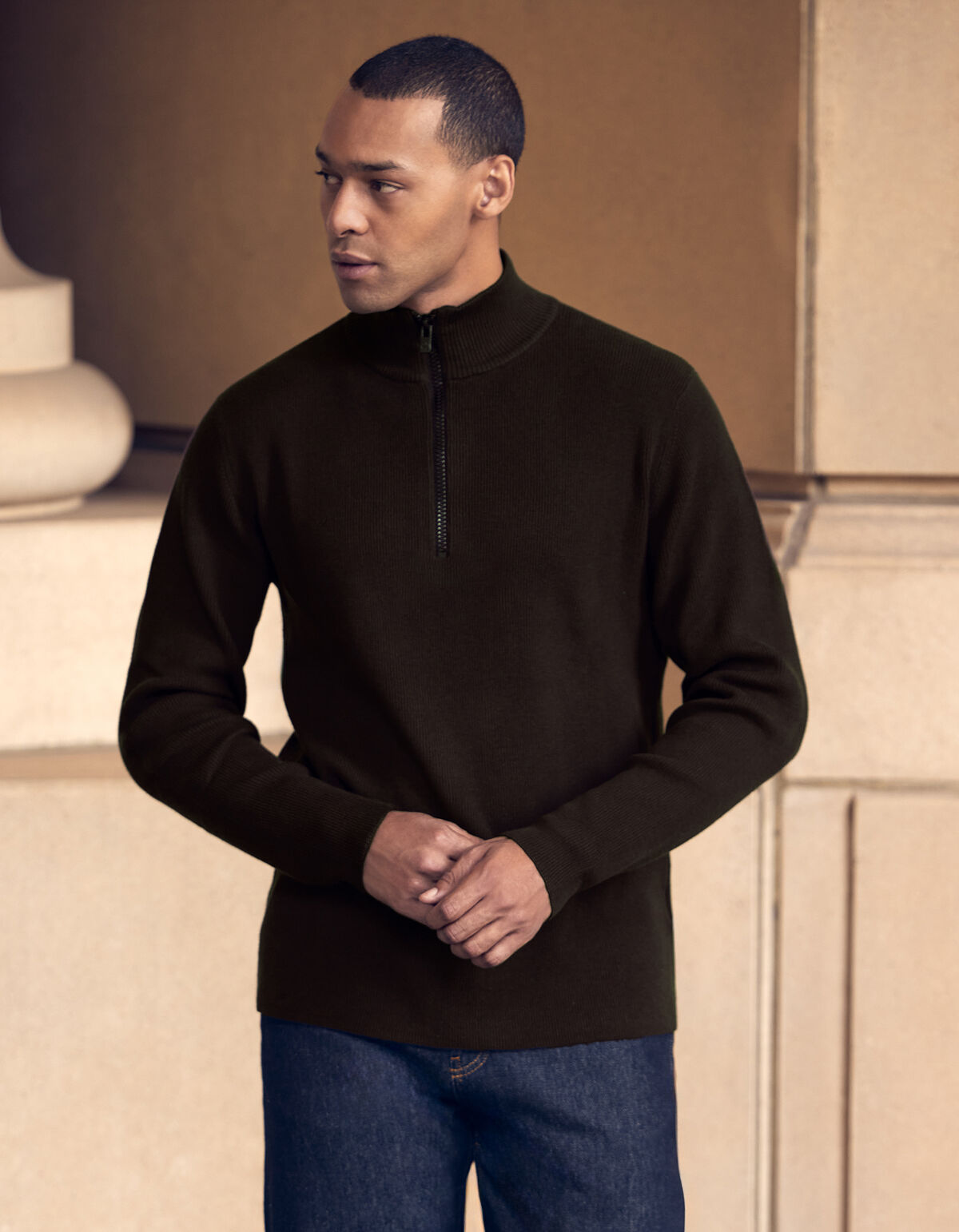 Pullover mit halbem Rei&szlig;verschluss, Strick, Dunkel SHOEBY MEN