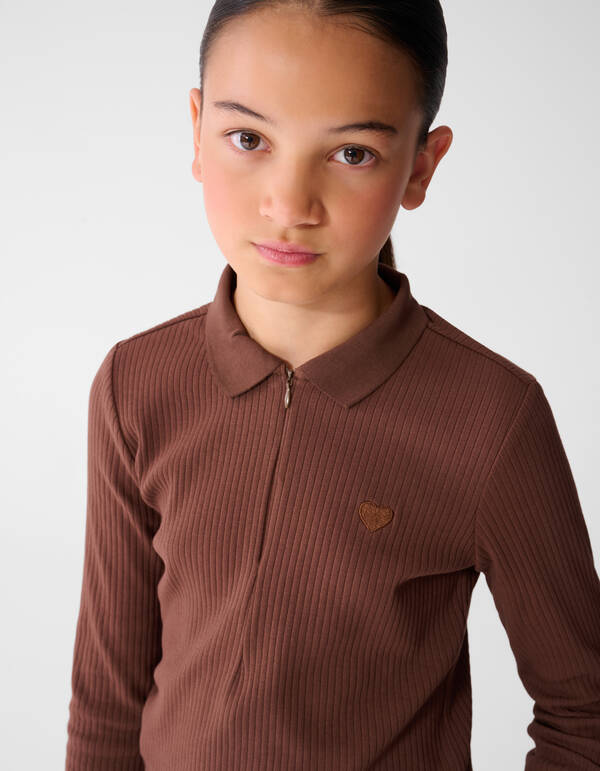 Collar Zip Longsleeve Top Donkerbruin SHOEBY GIRLS