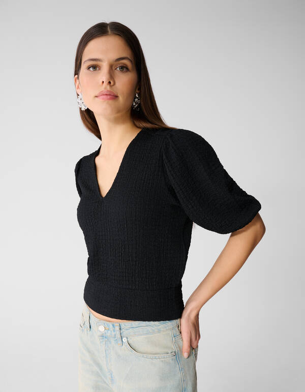 Ger&uuml;schtes V-Ausschnitt Top Schwarz SHOEBY WOMEN