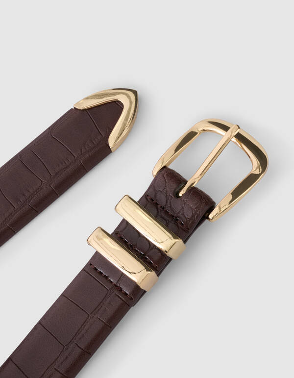Double Metal Croco Riem Donkerbruin/Goud SHOEBY ACCESSOIRES