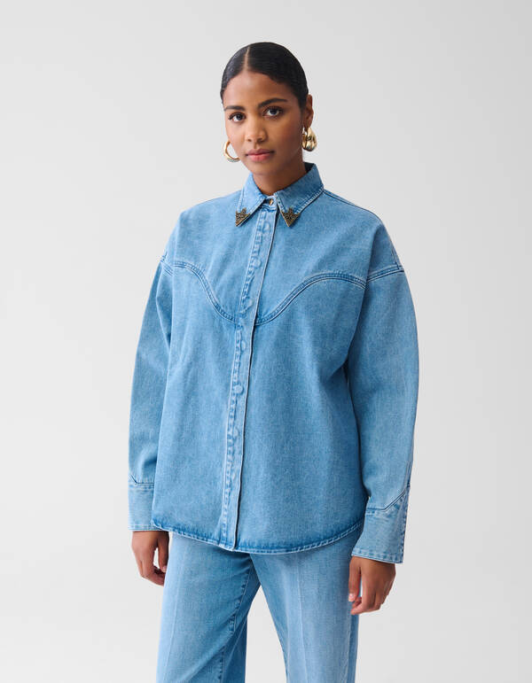 &Uuml;bergro&szlig;e Denim-Bluse Mediumstone SHOEBY WOMEN