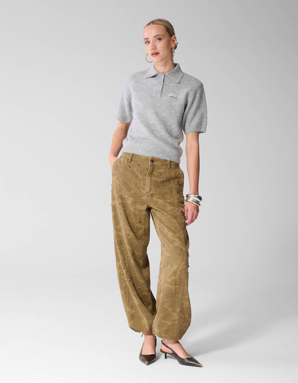 Polohemd mit Strasskragen Hellgrau SHOEBY WOMEN