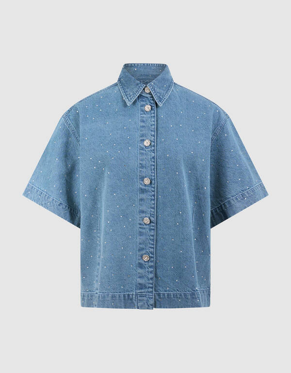 &Uuml;bergro&szlig;e Strass-Jeansbluse Blau SHOEBY WOMEN