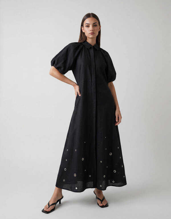 Maxikleid aus Leinen mit Lochstickerei Schwarz SHOEBY WOMEN