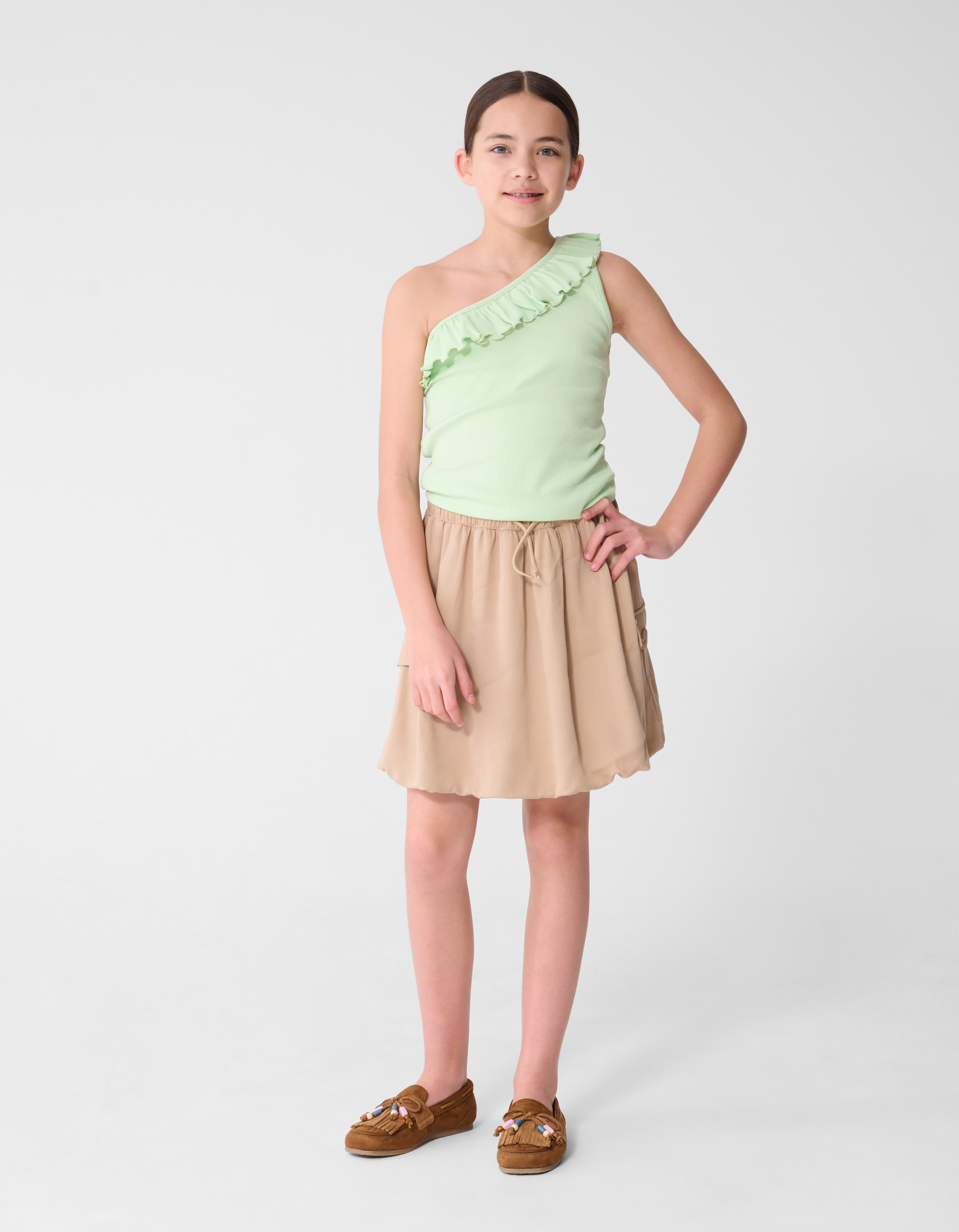 One-Shoulder-R&uuml;schen-Top Hellgr&uuml;n SHOEBY GIRLS