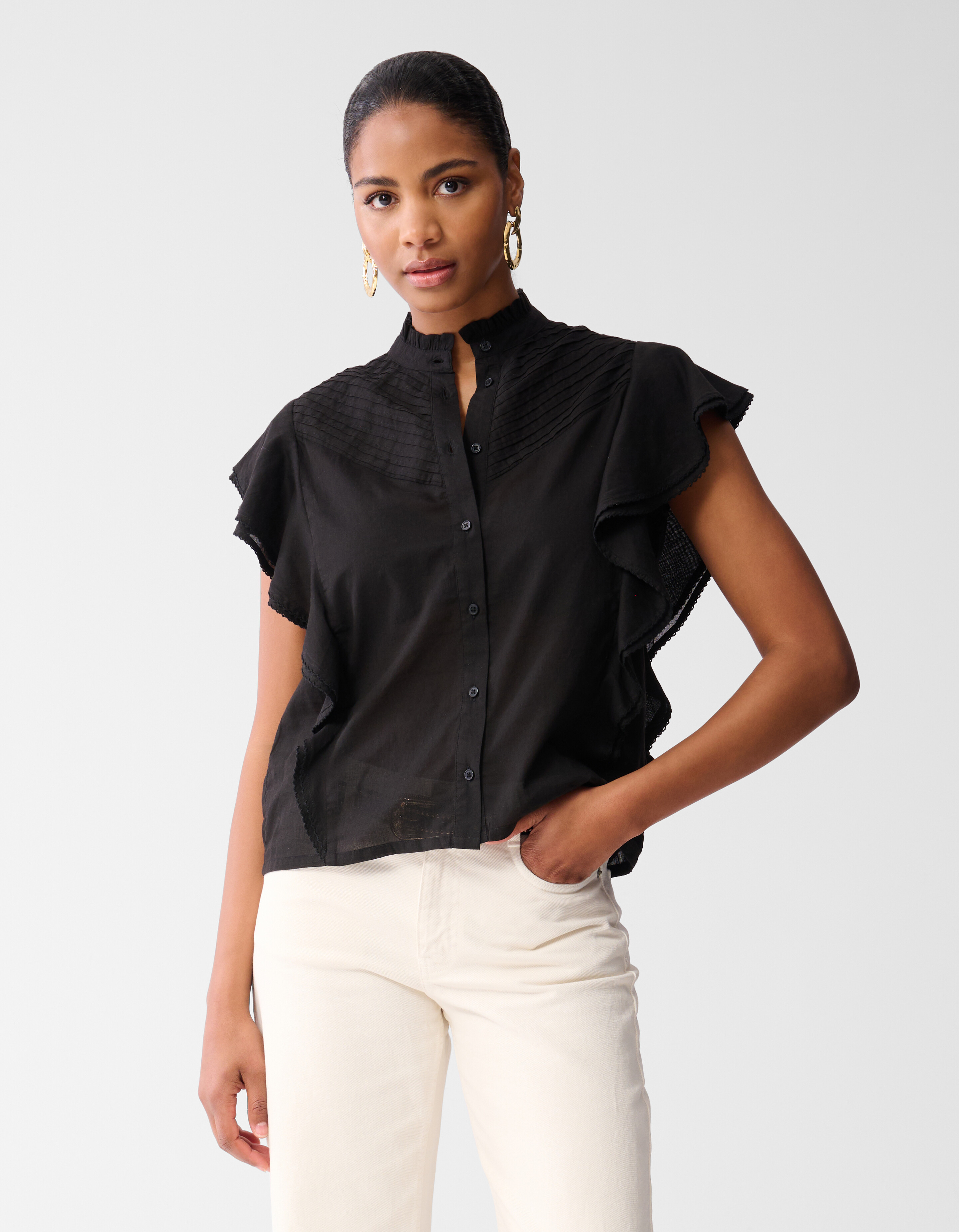 Pintuck-Rüschen-Top Schwarz SHOEBY WOMEN