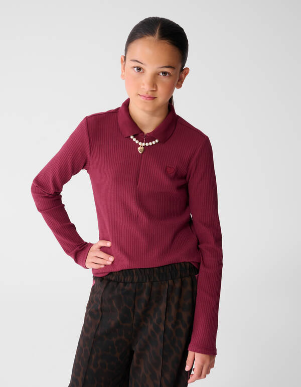 Collar Zip Longsleeve Top Donkerrood SHOEBY GIRLS