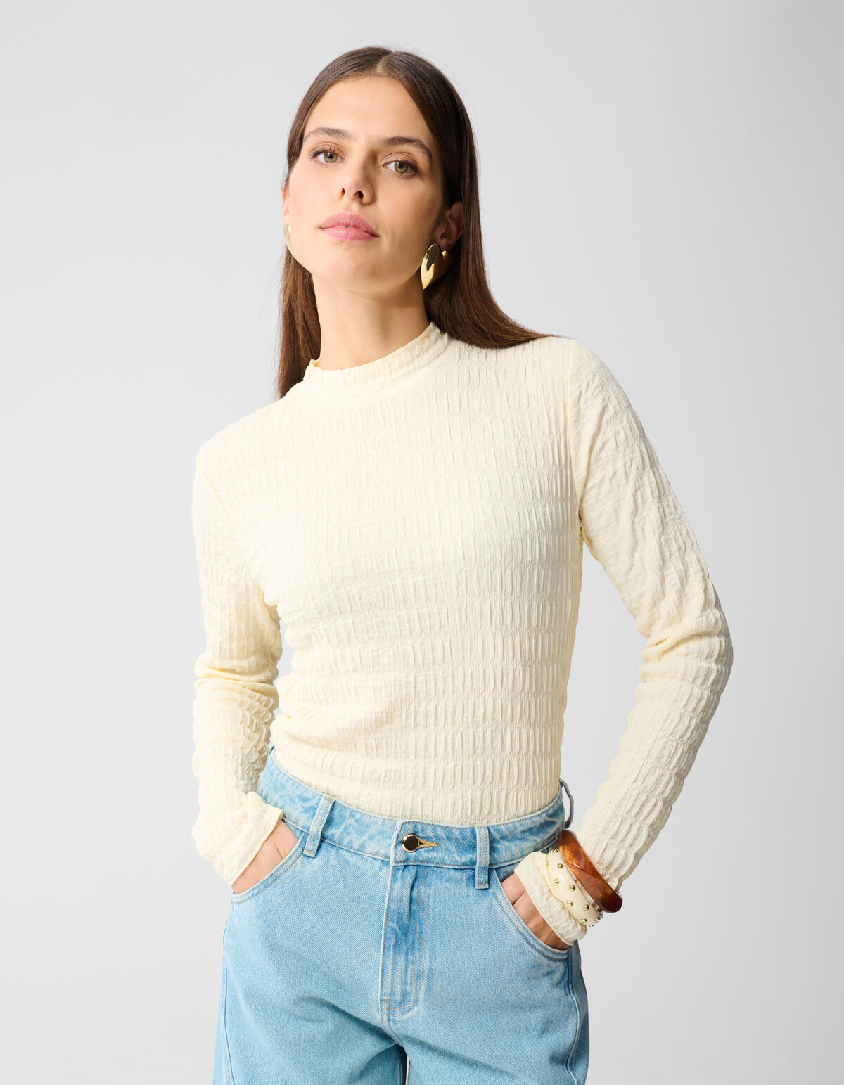 Struktur Langarmshirt Top Gebrochen Wei&szlig; SHOEBY WOMEN