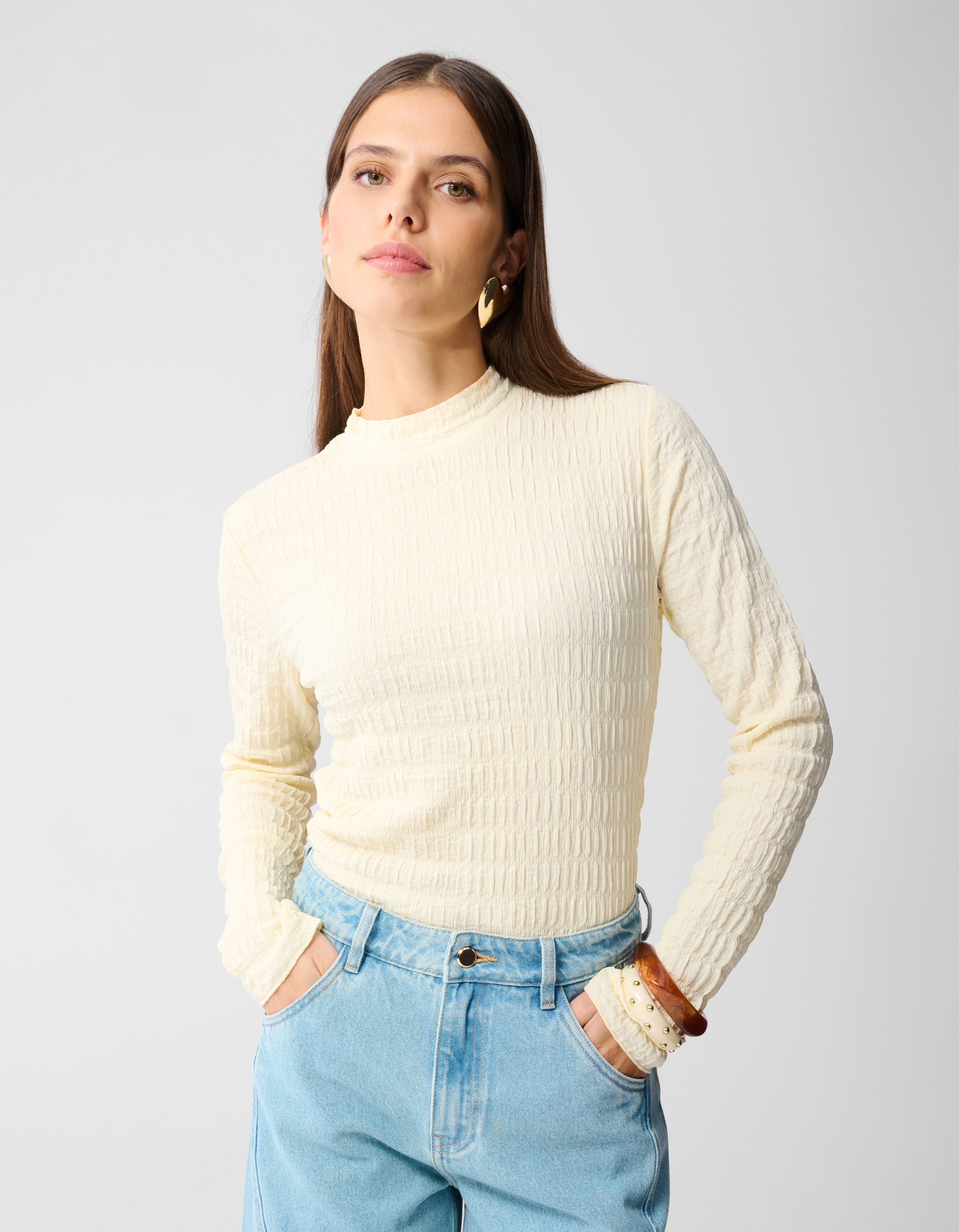 Struktur Langarmshirt Top Gebrochen Wei&szlig; SHOEBY WOMEN