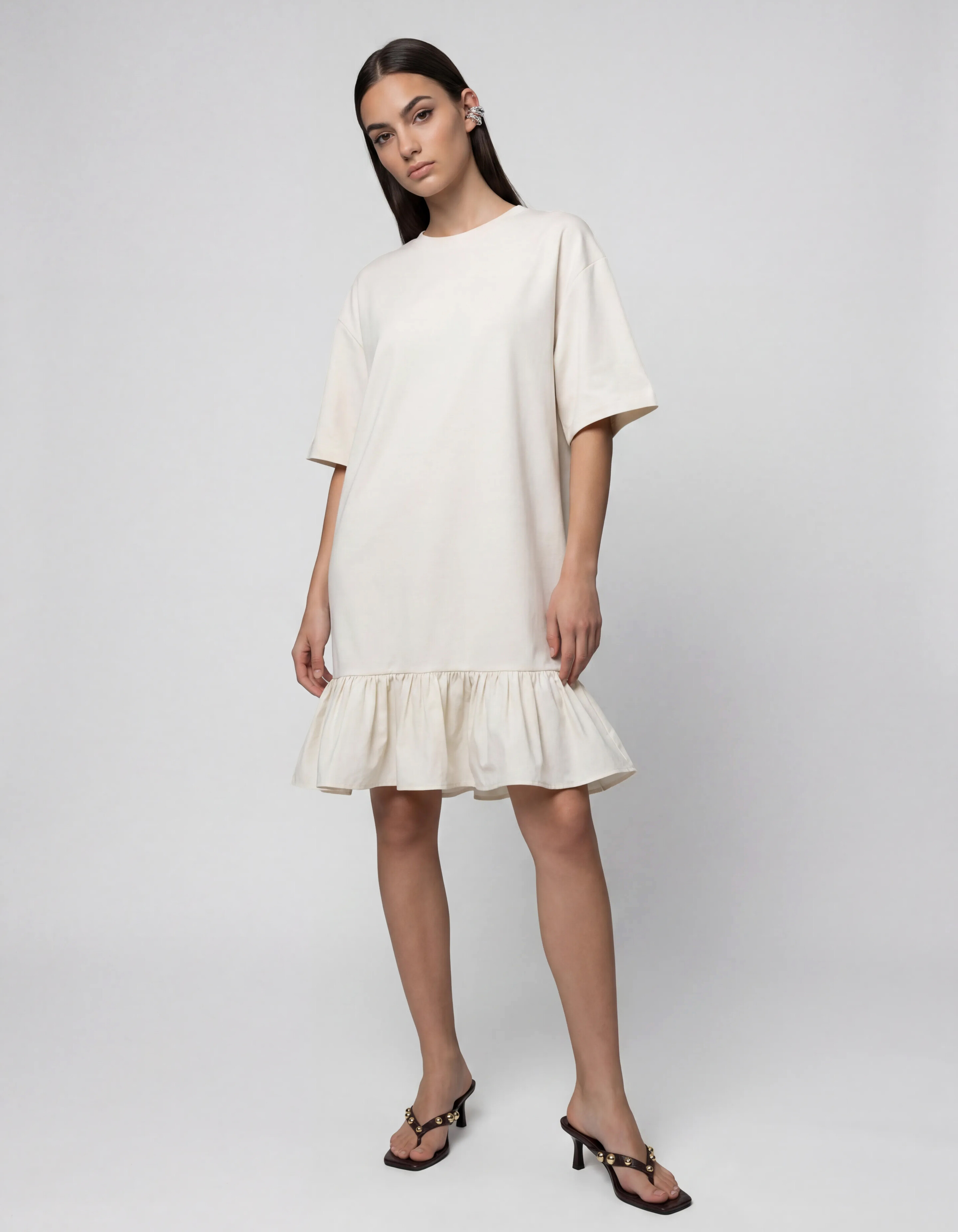 T-Shirt R&uuml;schen Maxi Kleid Gebrochen Wei&szlig; SHOEBY WOMEN