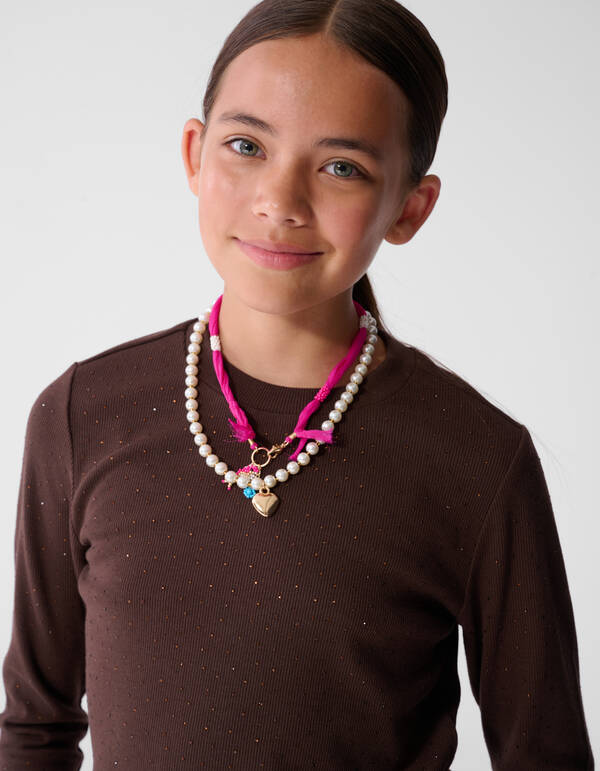 Strass-Rib-Langarm-Top in Dunkelbraun SHOEBY GIRLS