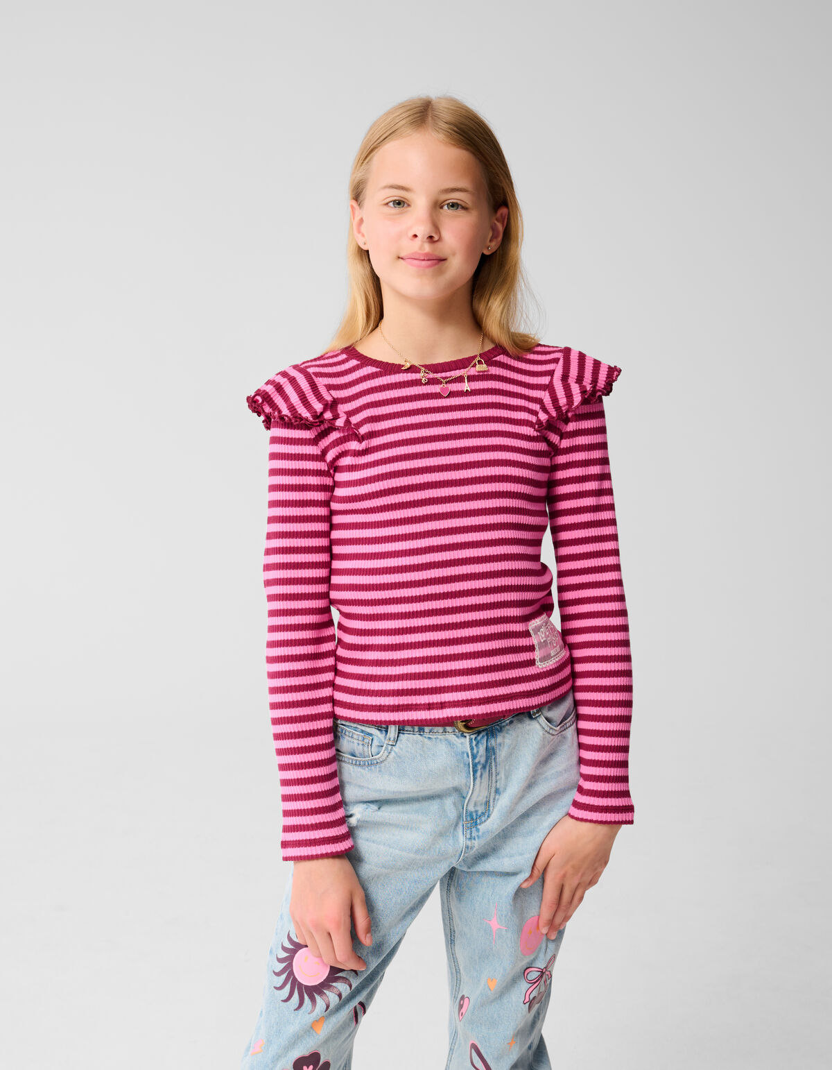 Gestreiftes R&uuml;schen-Langarmshirt Dunkelrot SHOEBY GIRLS