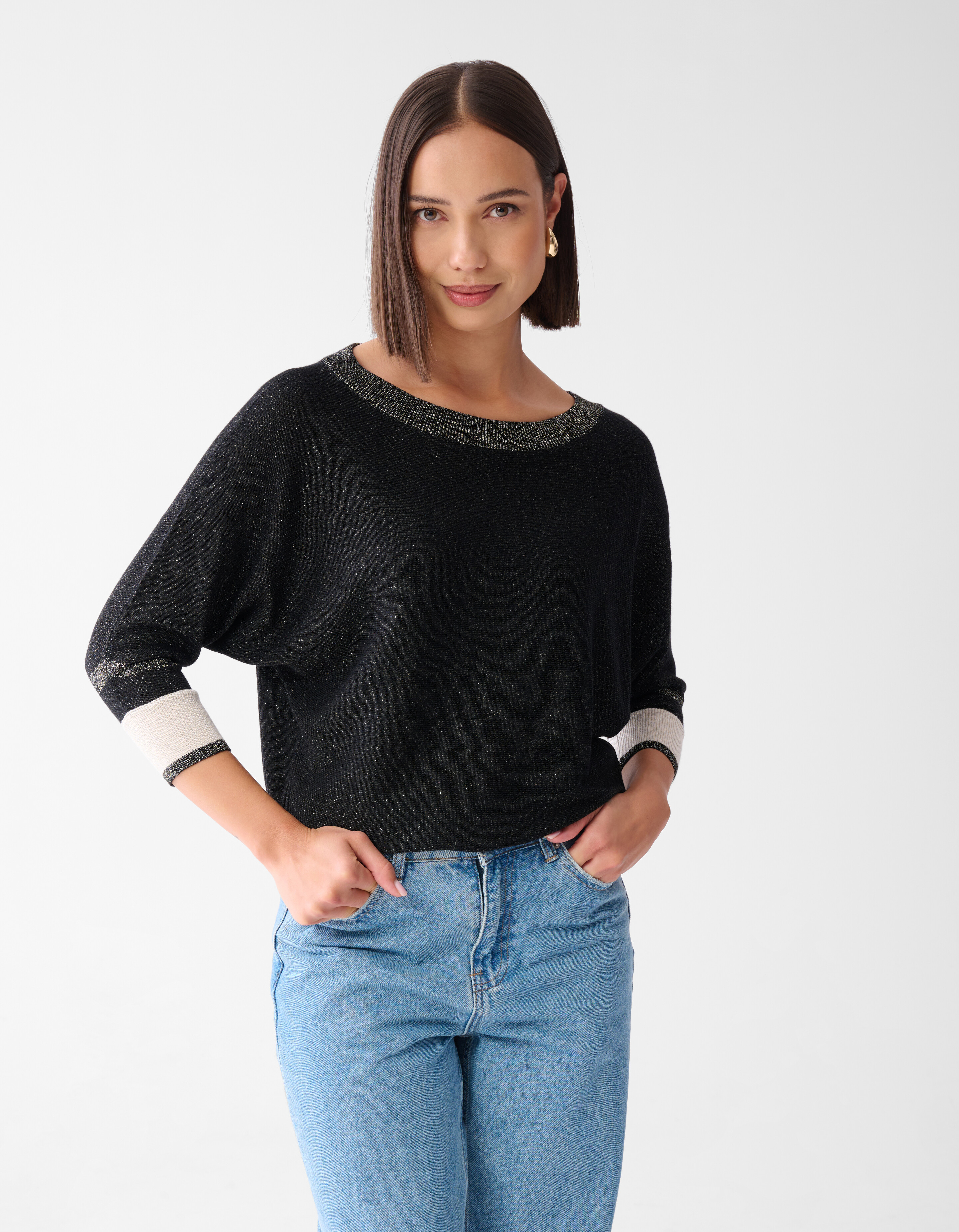 Colorblock Glitter Batwing Pullover Schwarz SHOEBY WOMEN