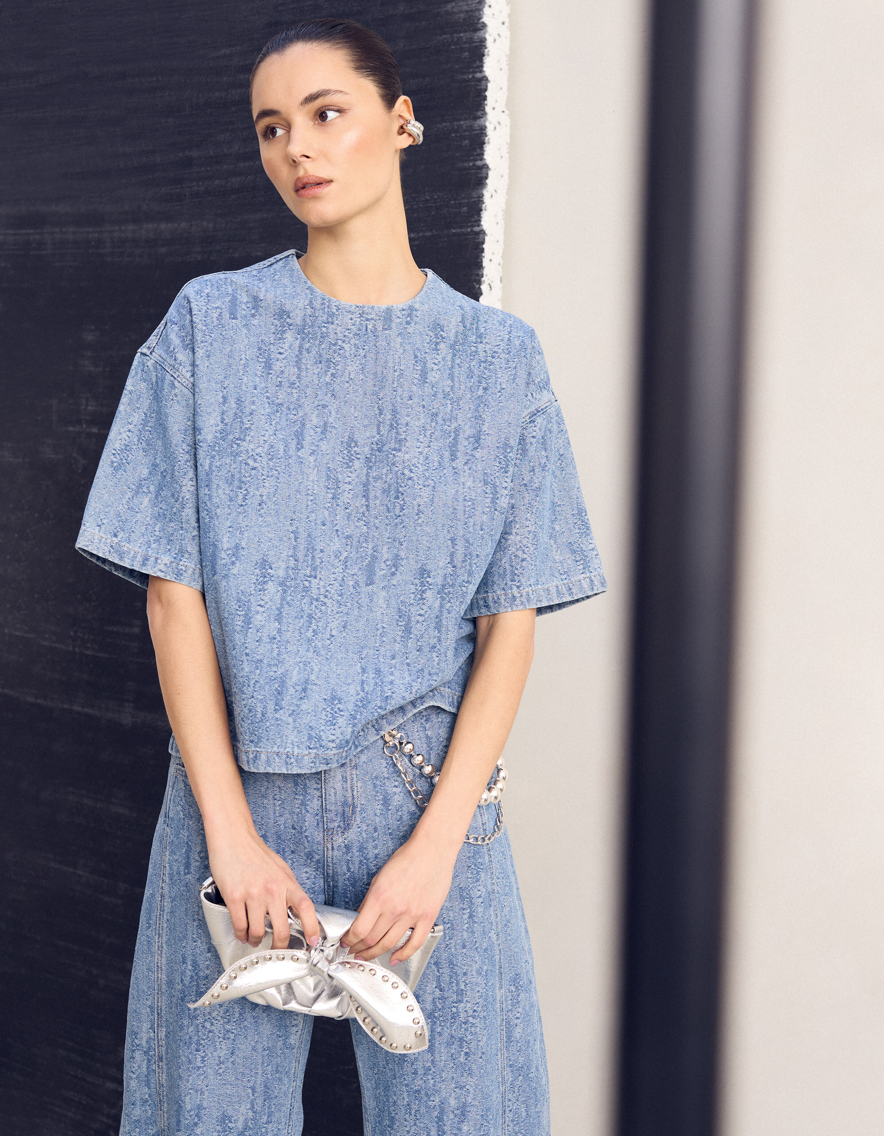 Oversized Jacquard Denim T-Shirt Blau SHOEBY WOMEN