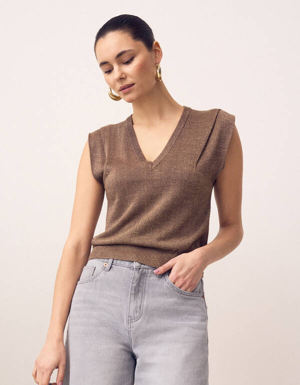 Glitzer-V-Ausschnitt-Top Braun SHOEBY WOMEN