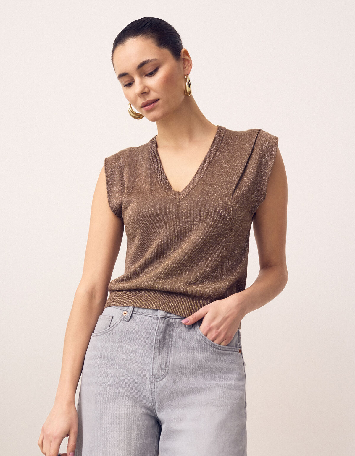 Glitzer-V-Ausschnitt-Top Braun SHOEBY WOMEN