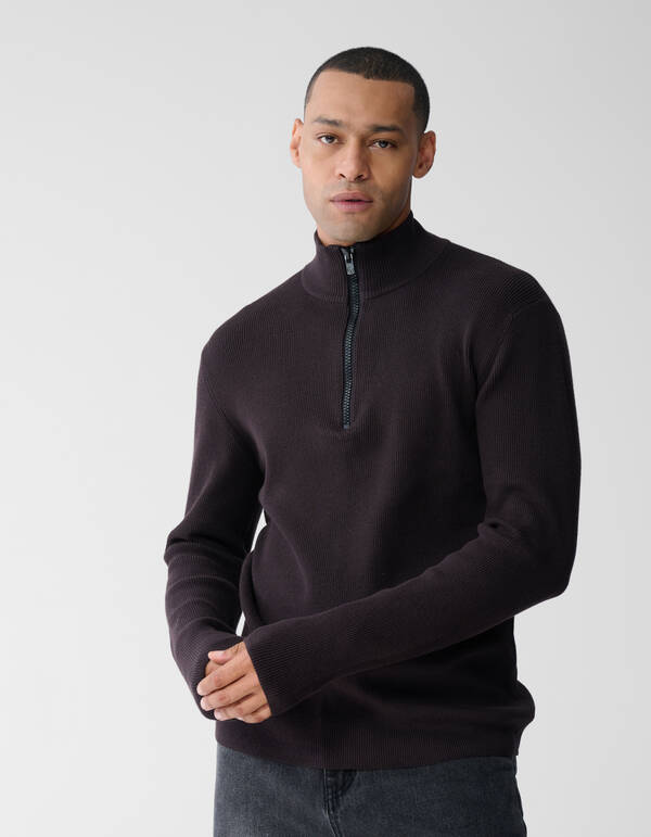 Pullover mit halbem Rei&szlig;verschluss, Strick, Dunkel SHOEBY MEN