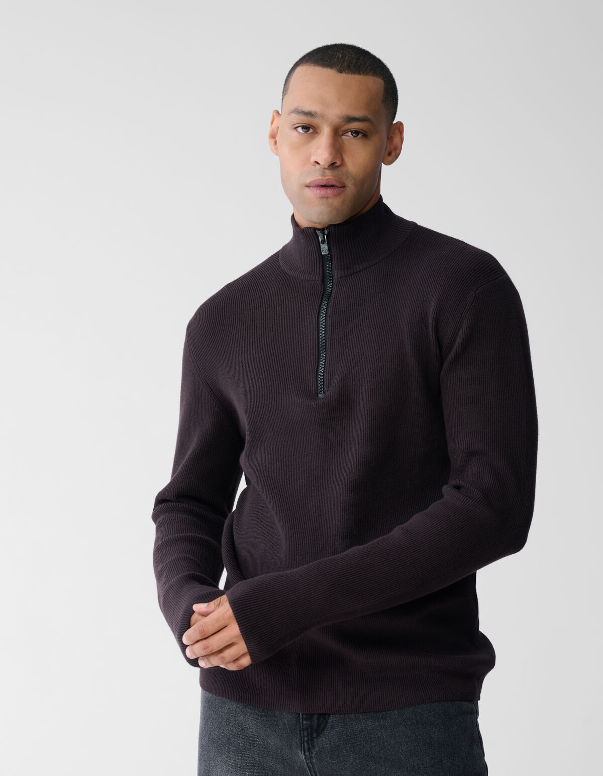 Pullover mit halbem Rei&szlig;verschluss, Strick, Dunkel SHOEBY MEN