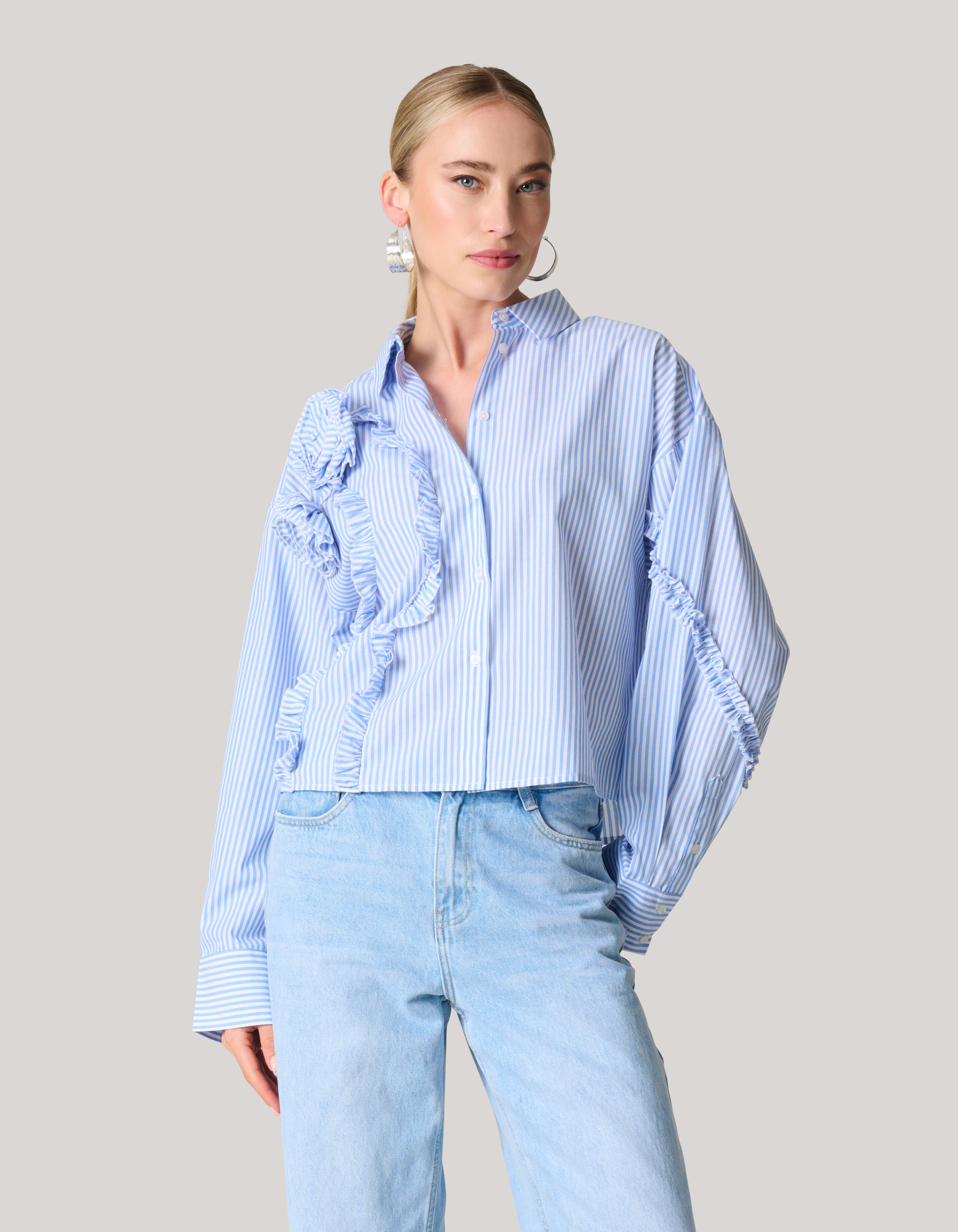 Gestreifte Rüschenbluse Hellblau SHOEBY WOMEN