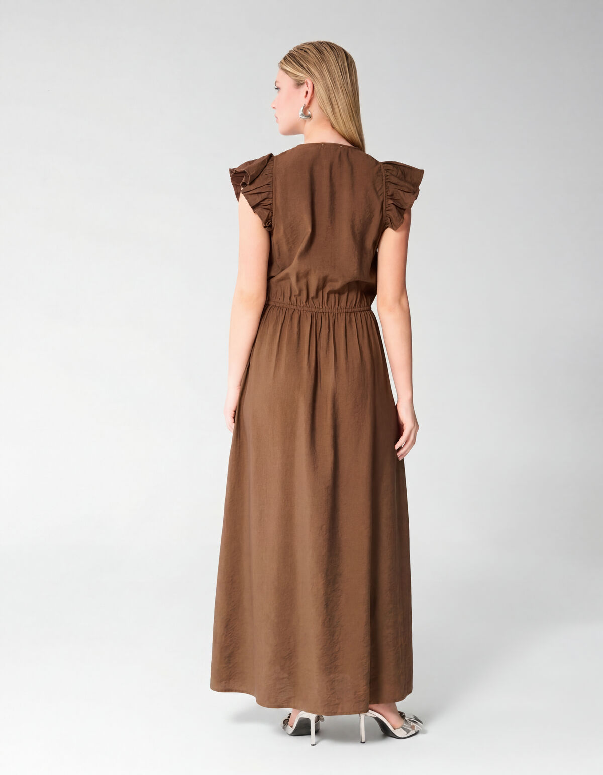 R&uuml;schen V-Ausschnitt Maxi Kleid Dunkelbraun SHOEBY WOMEN