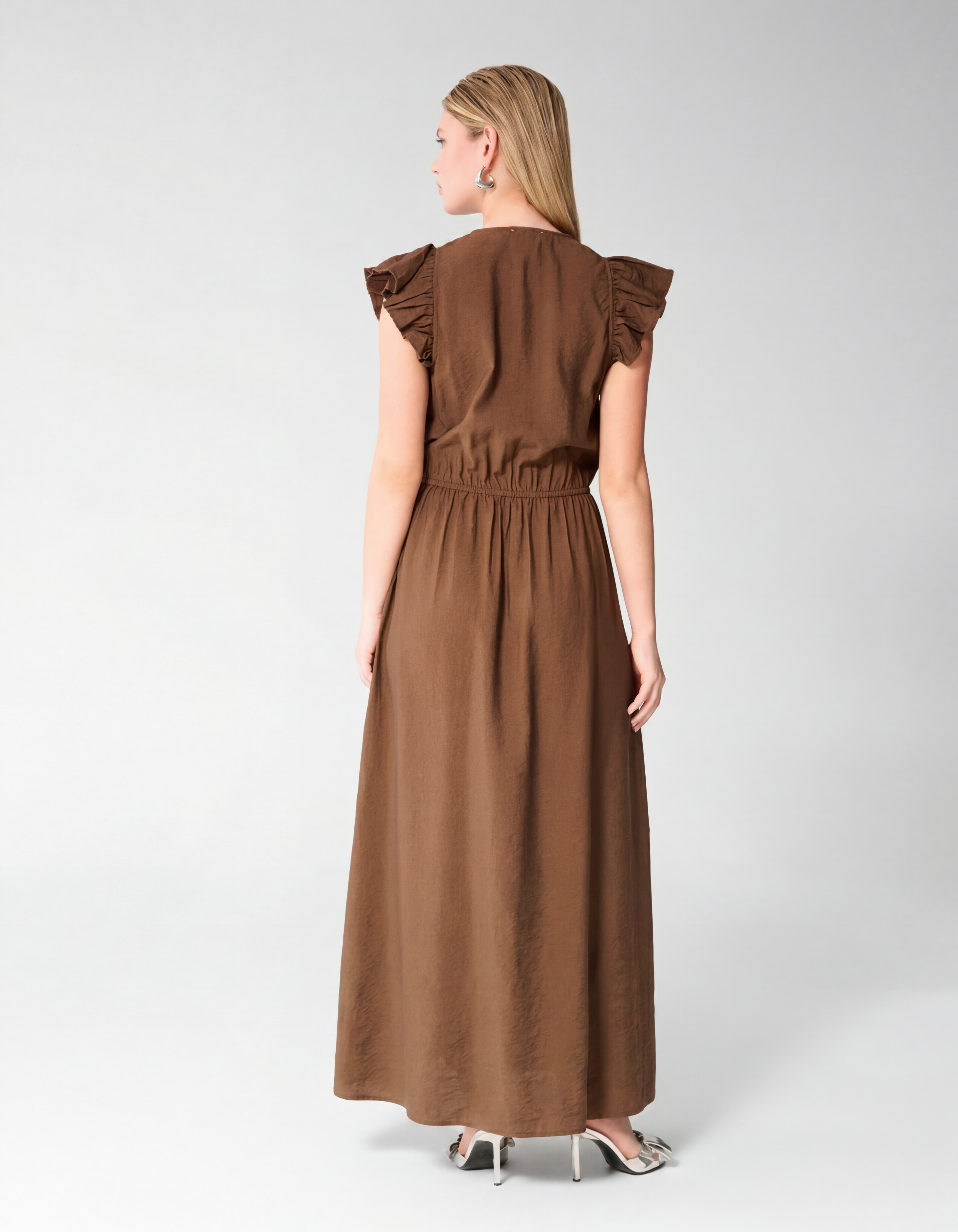 R&uuml;schen V-Ausschnitt Maxi Kleid Dunkelbraun SHOEBY WOMEN