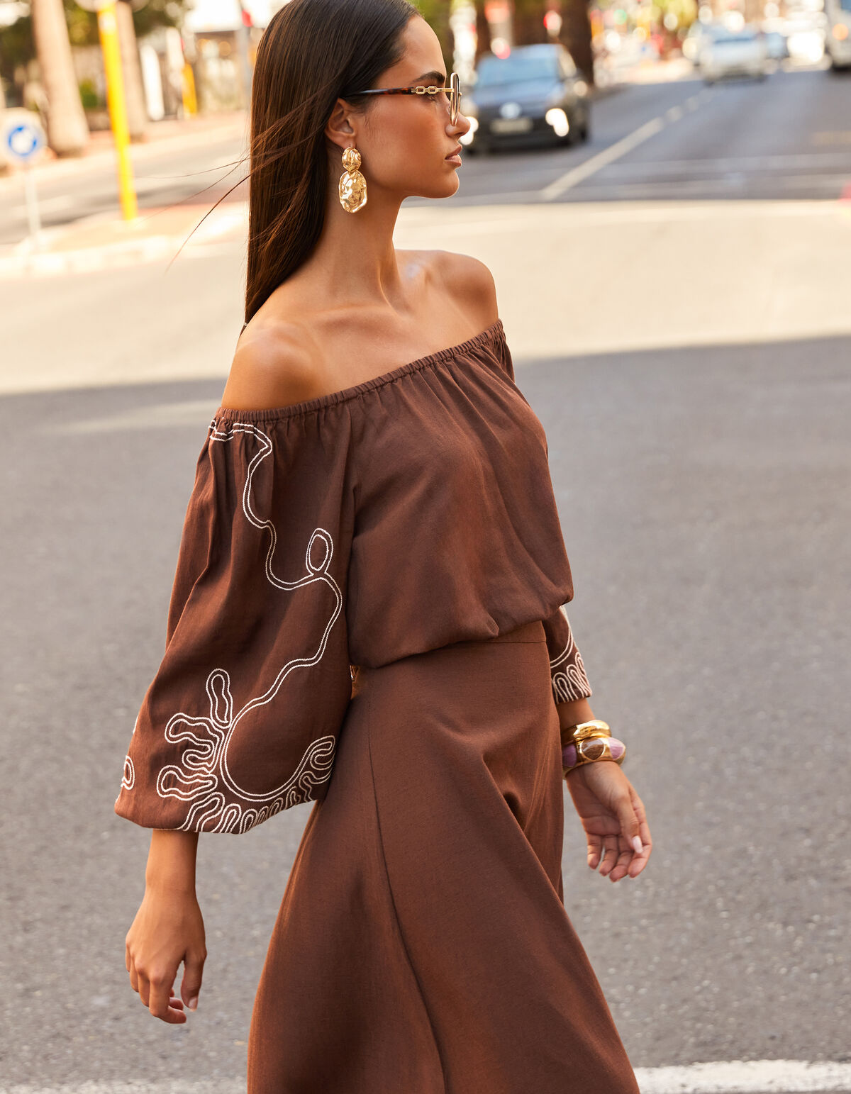 Stickerei Off-Shoulder-Top Braun SHOEBY WOMEN