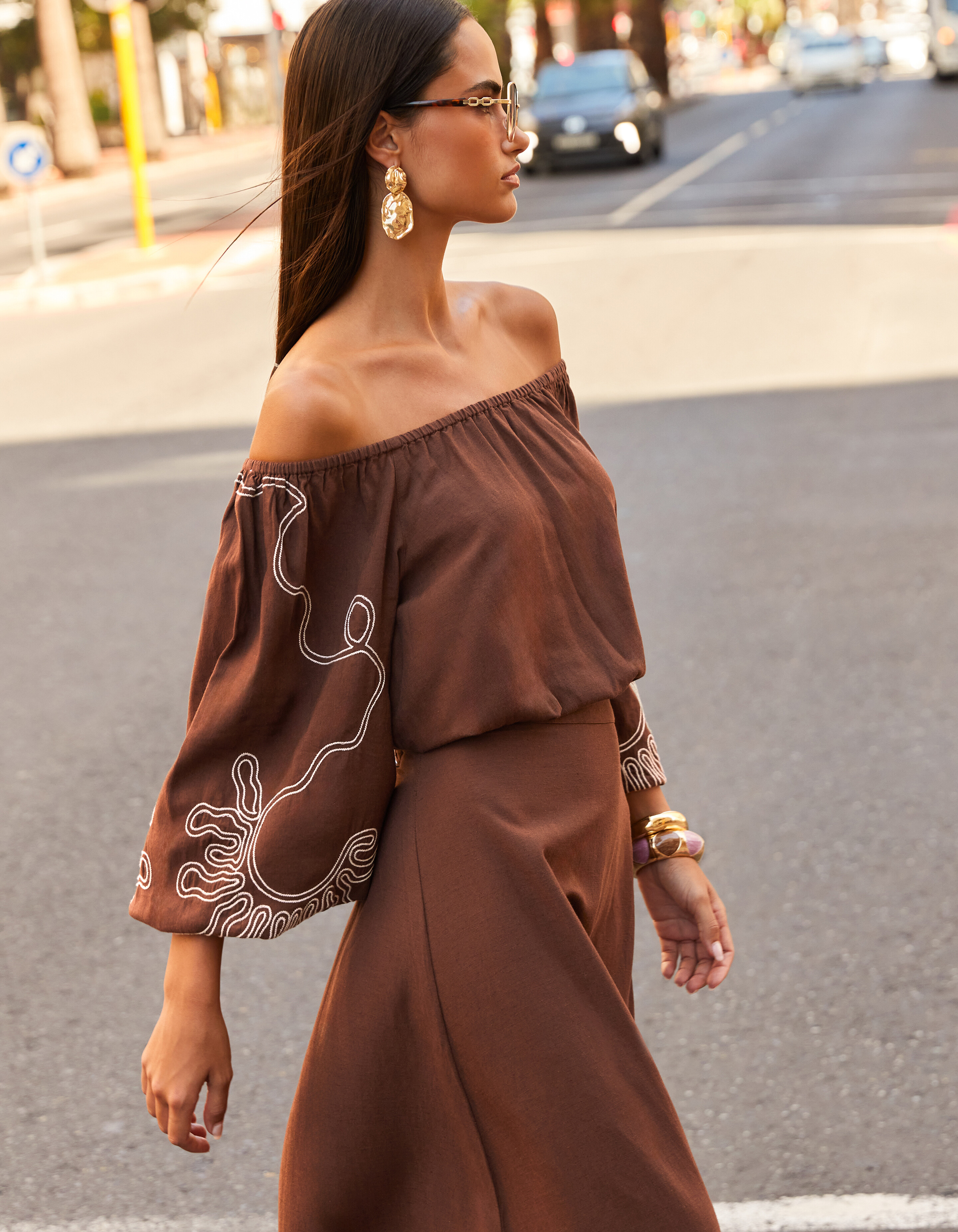 Stickerei Off-Shoulder-Top Braun SHOEBY WOMEN