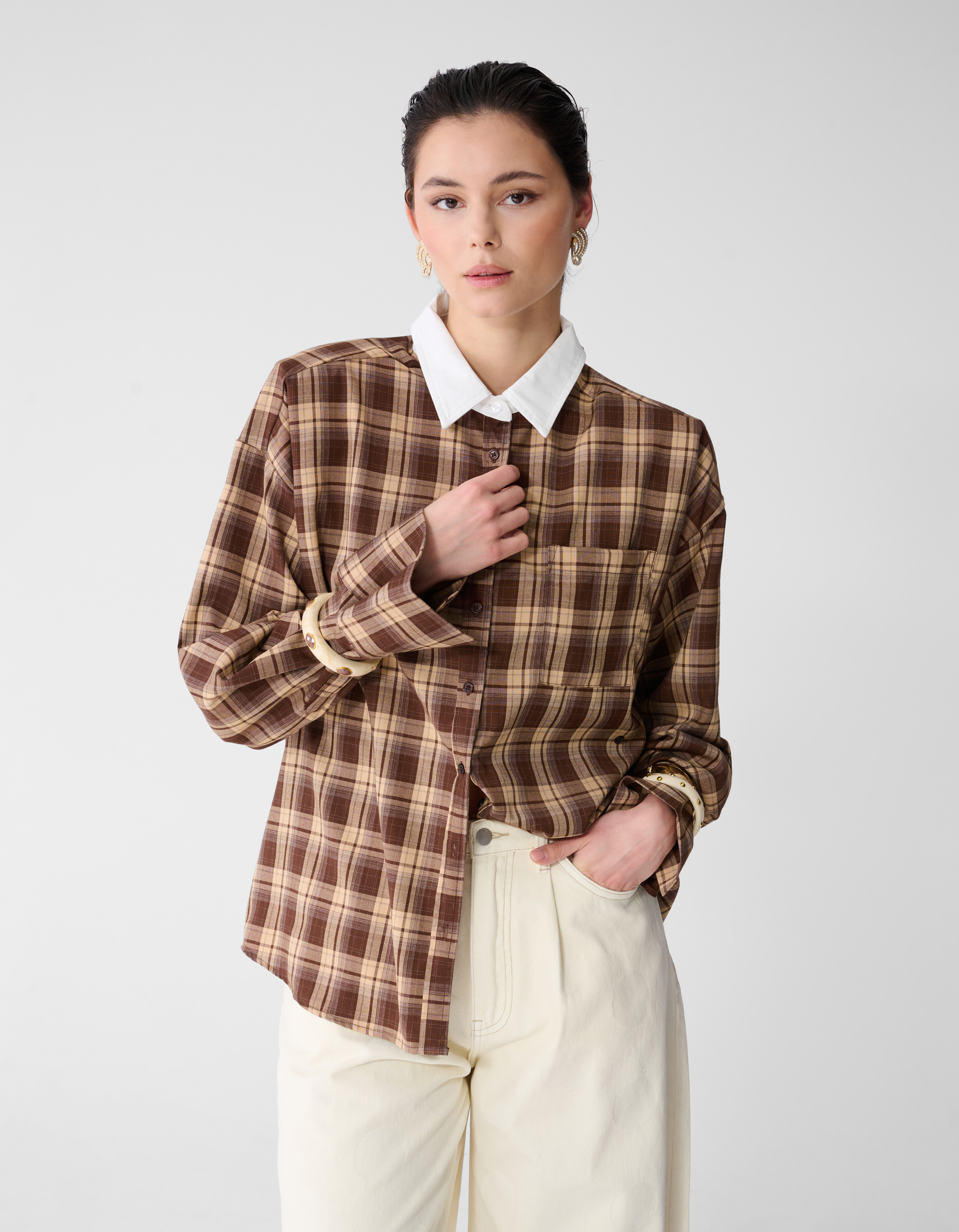 Bluse mit &uuml;bergro&szlig;en Karos, braun SHOEBY WOMEN