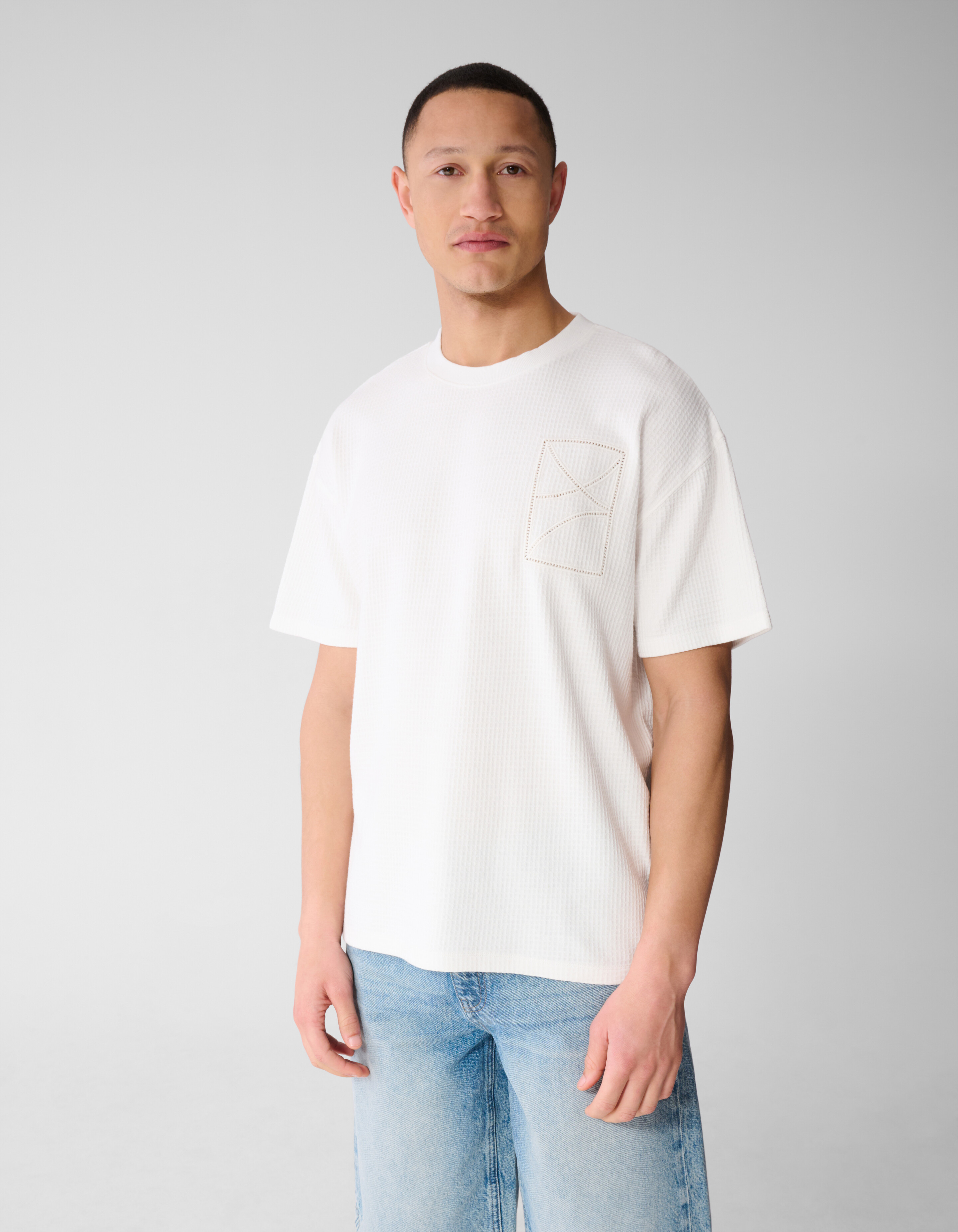 Waffel-Stickerei T-Shirt Wei&szlig; SHOEBY MEN
