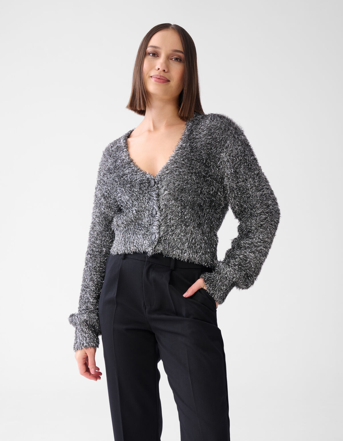 Flauschige Strickjacke Silber SHOEBY WOMEN