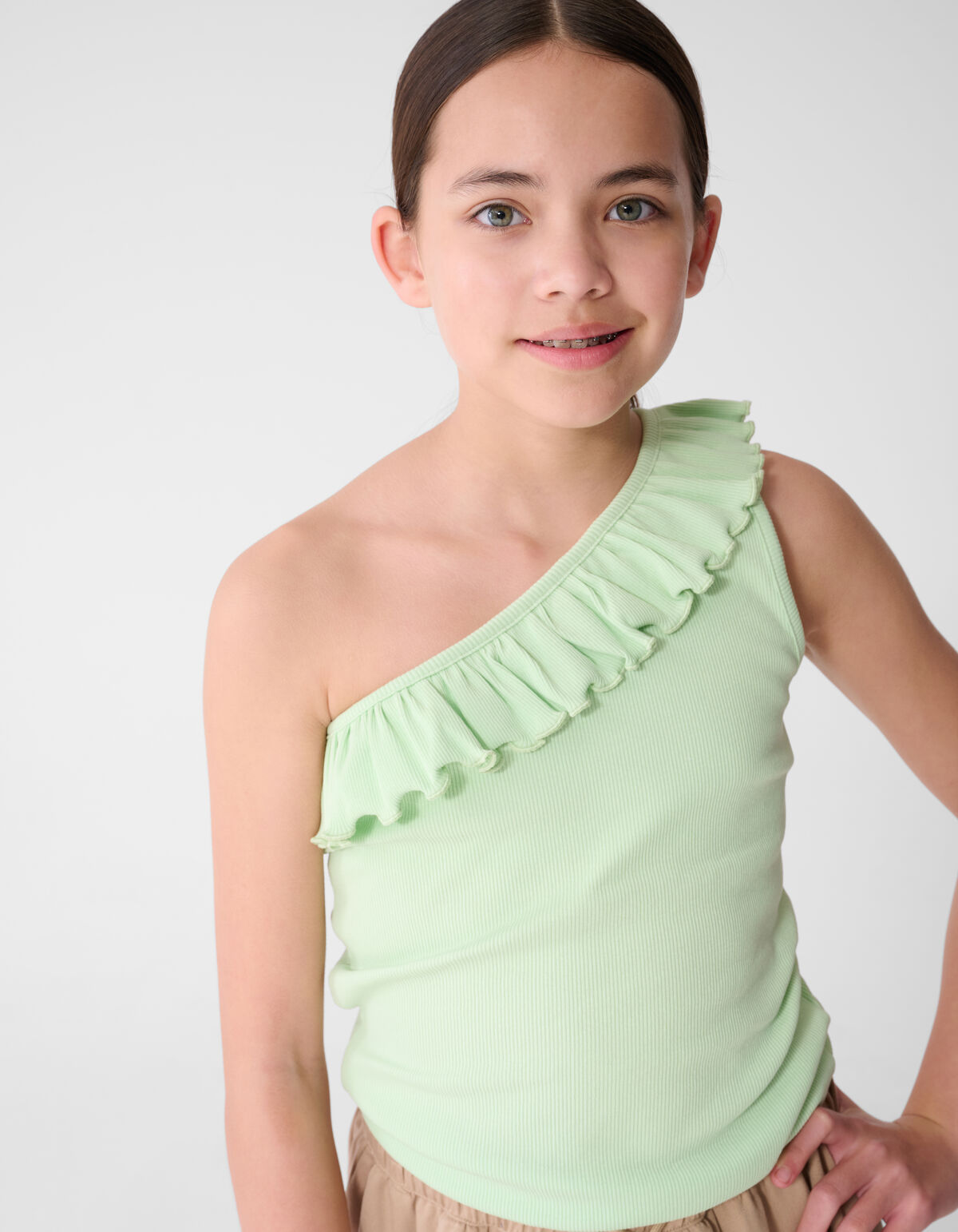 One-Shoulder-R&uuml;schen-Top Hellgr&uuml;n SHOEBY GIRLS