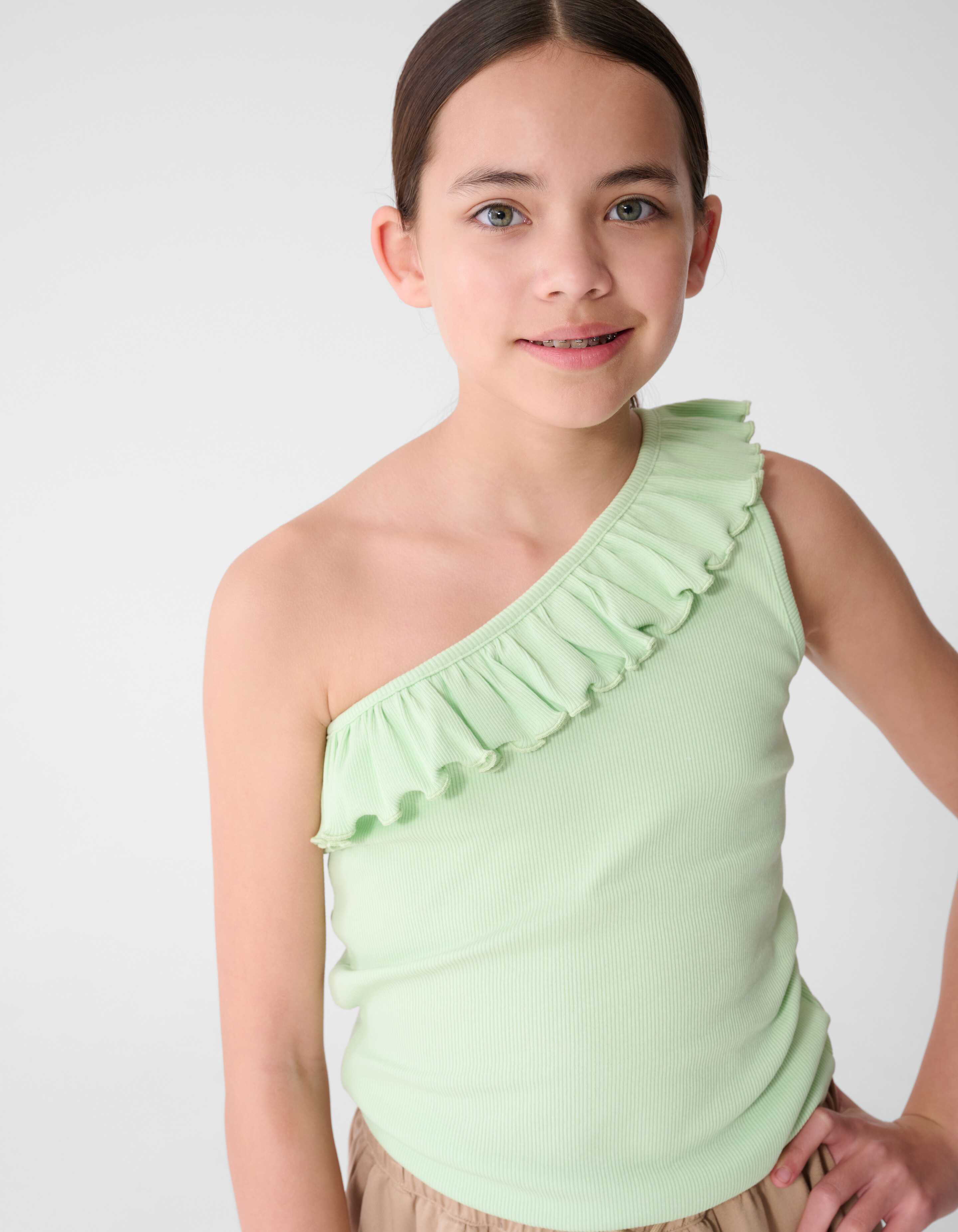 One-Shoulder-R&uuml;schen-Top Hellgr&uuml;n SHOEBY GIRLS
