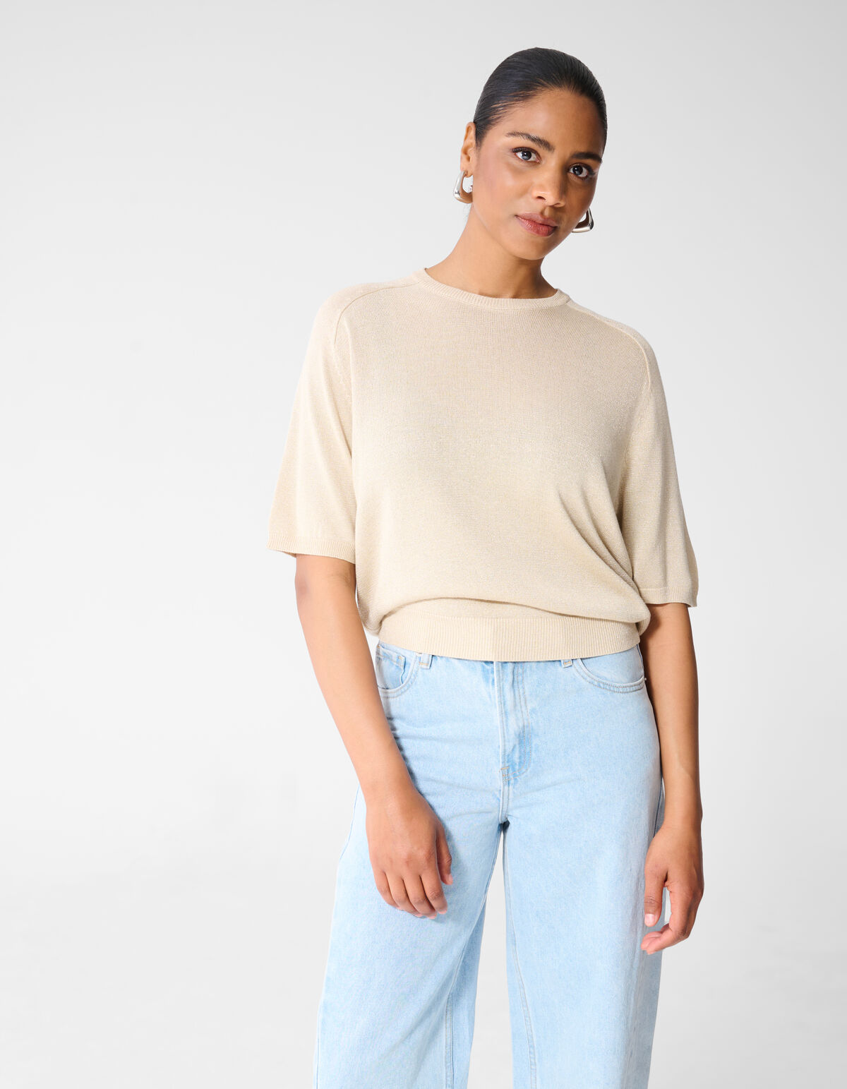Shortsleeve Gebreide Glitter Trui Zand SHOEBY WOMEN