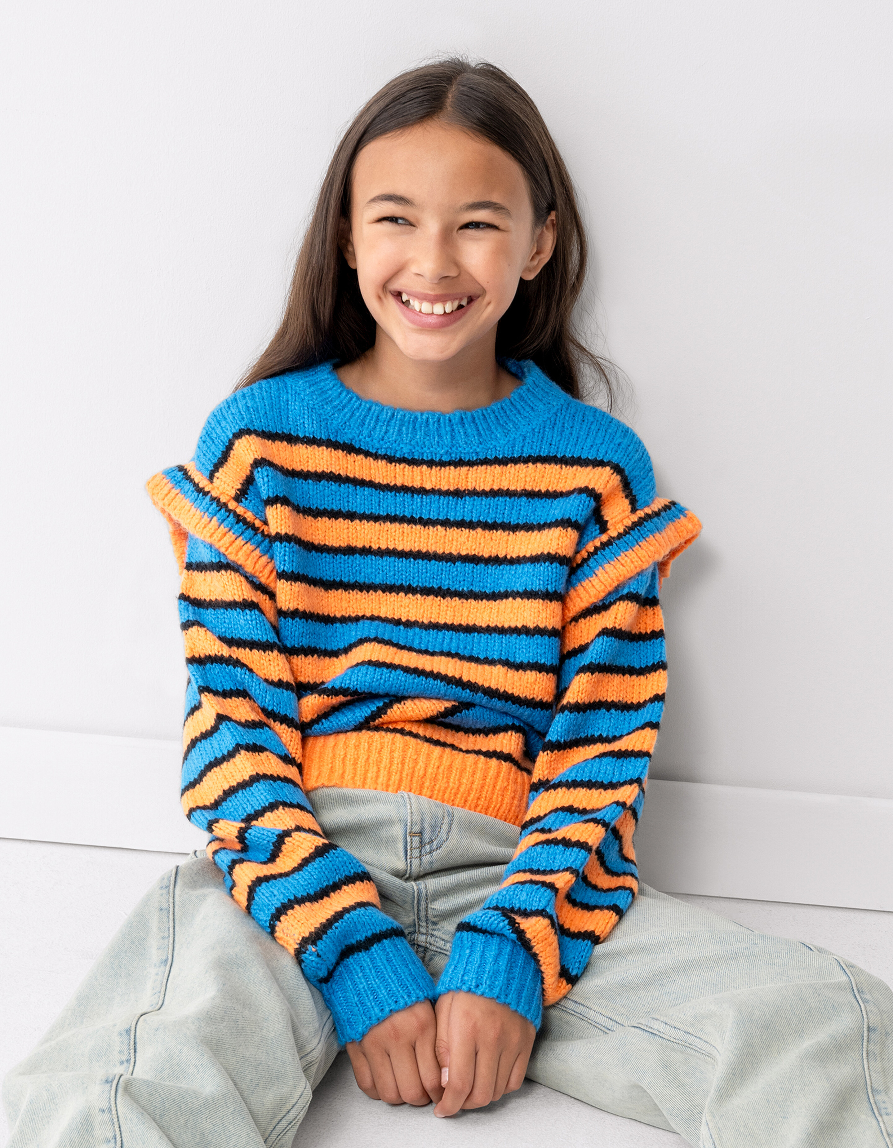 R&uuml;schestreifen Pullover Blau/Orange SHOEBY GIRLS