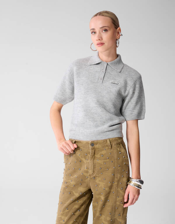 Polohemd mit Strasskragen Hellgrau SHOEBY WOMEN
