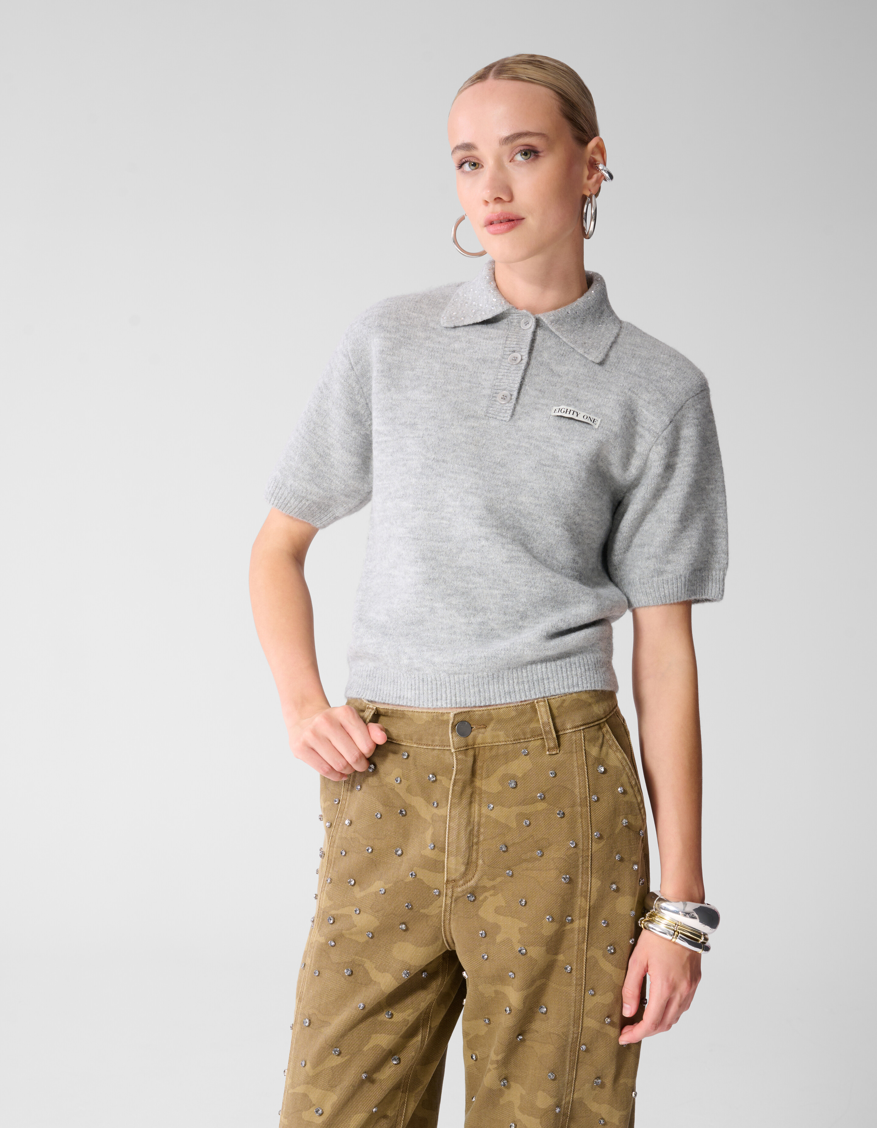 Polohemd mit Strasskragen Hellgrau SHOEBY WOMEN