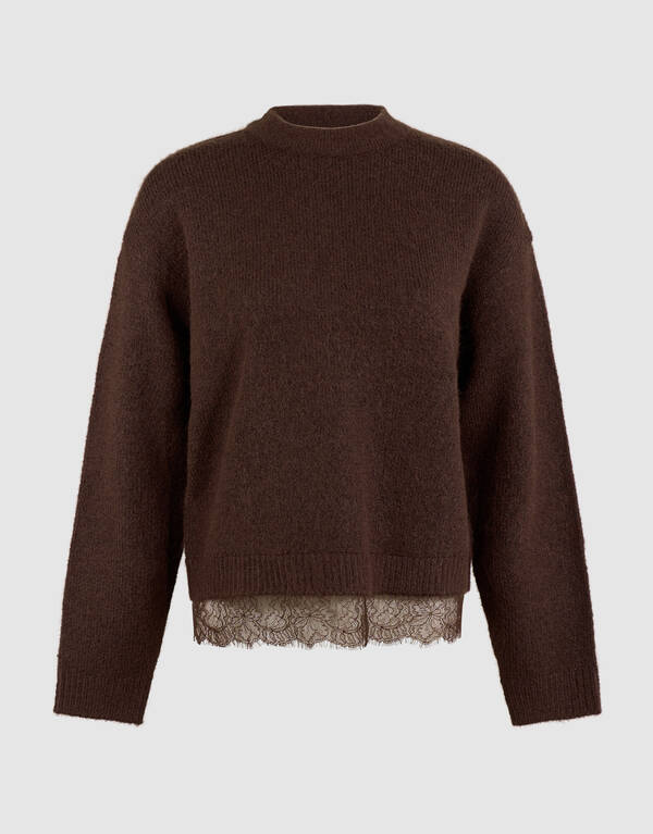 Strickpullover mit Spitzenbesatz dunkelbraun SHOEBY WOMEN