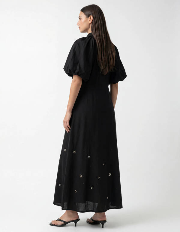 Maxikleid aus Leinen mit Lochstickerei Schwarz SHOEBY WOMEN