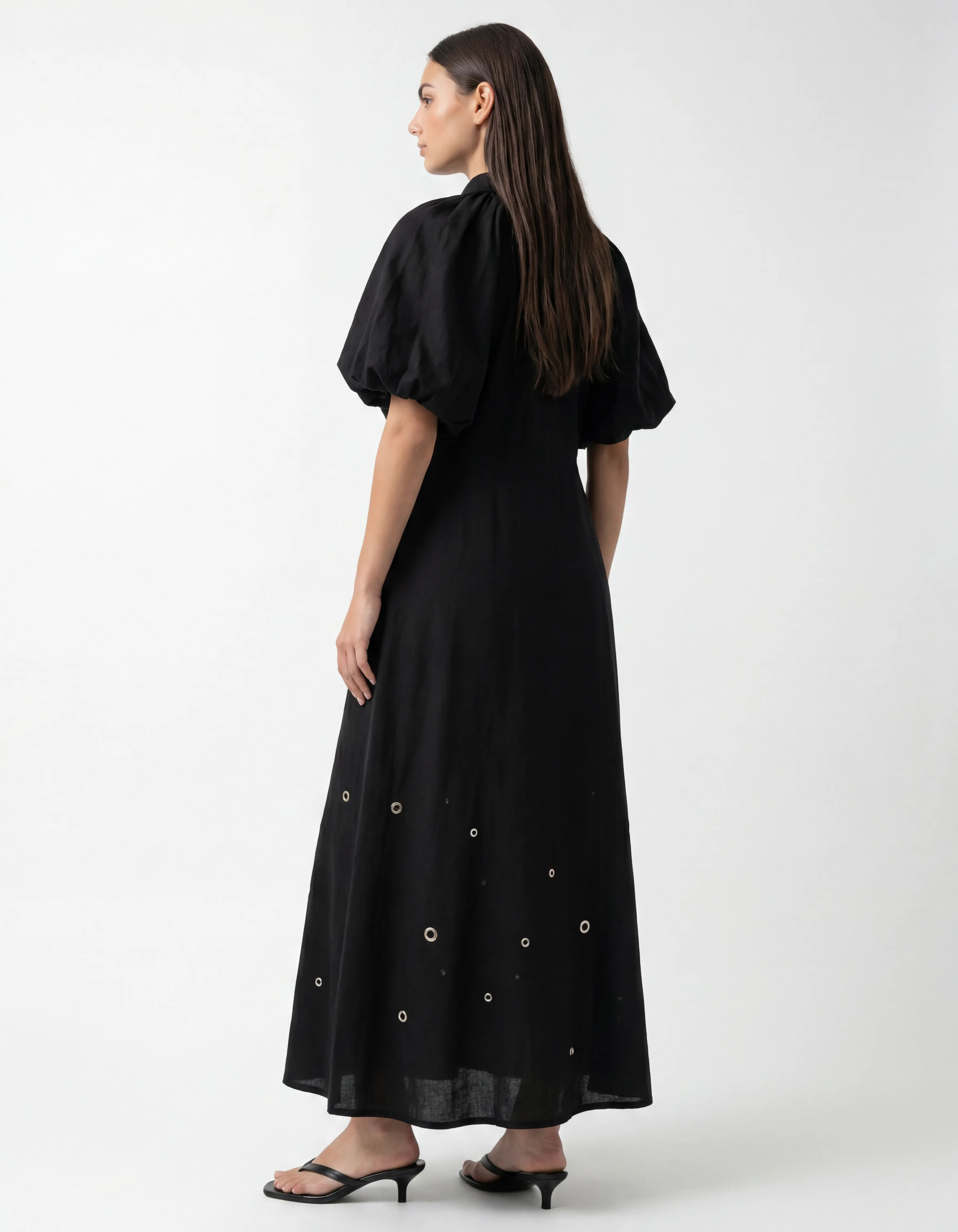 Maxikleid aus Leinen mit Lochstickerei Schwarz SHOEBY WOMEN